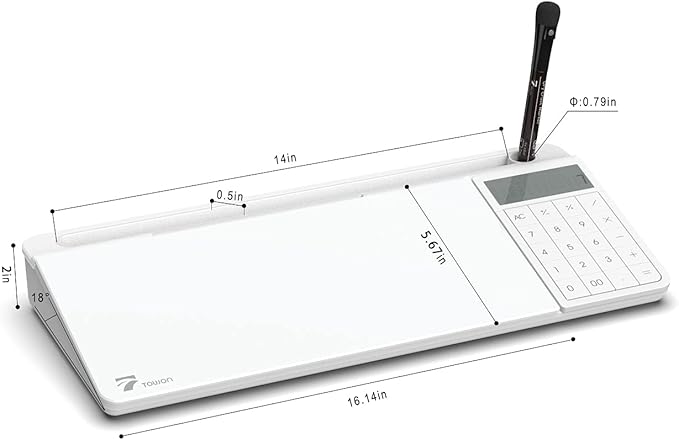 TOWON Desktop Glass Whiteboard with Basic Calculator, 12 Digit LCD Display, Desk Organizers with Accessories for Office, Home, School Supplies, Storage with Dry Erase Board Surface, White, 18'' x 6''