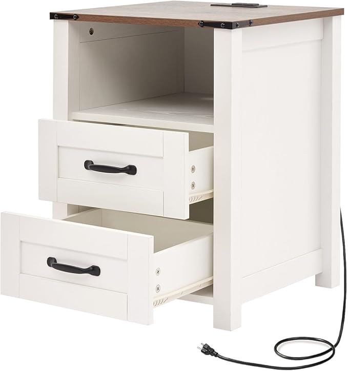 Farmhouse Nightstand with Charging Station & Drawers, White Wood Bedside Table, End Table with 2 Storage Drawers & USB Ports for Bedroom, Dorm, White