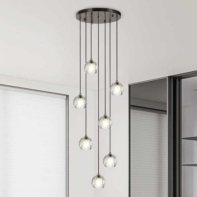 7 Lights Cluster Pendant Light, Brushed Black Modern Crystal Entryway Chandelier, High Ceiling Foyer Pendant Hanging Light Fixture for Staircase Dining Room