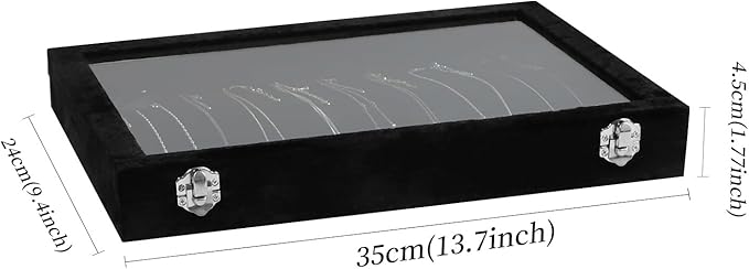 Wudygirl Jewelry Organizer Necklace Organizer Box 20 Hooks Necklaces Holder Display Case Black Velvet Jewelry Organizer with Clear Lid(Black Necklace Tray)