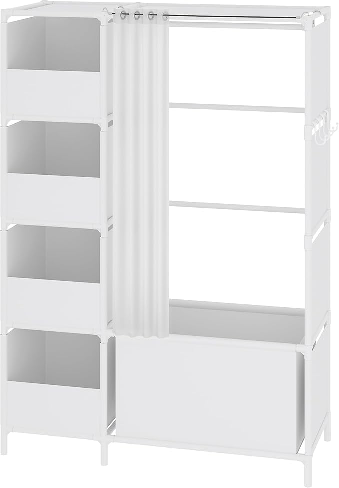 MOYIPIN Portable Closet，Free Standing Wardrobe Closet with Hanging Rod and Curtain，Clothes Storage Organizer, for Cloakroom, Bedroom，40.55 x 16.73 x 65.35Inches，White
