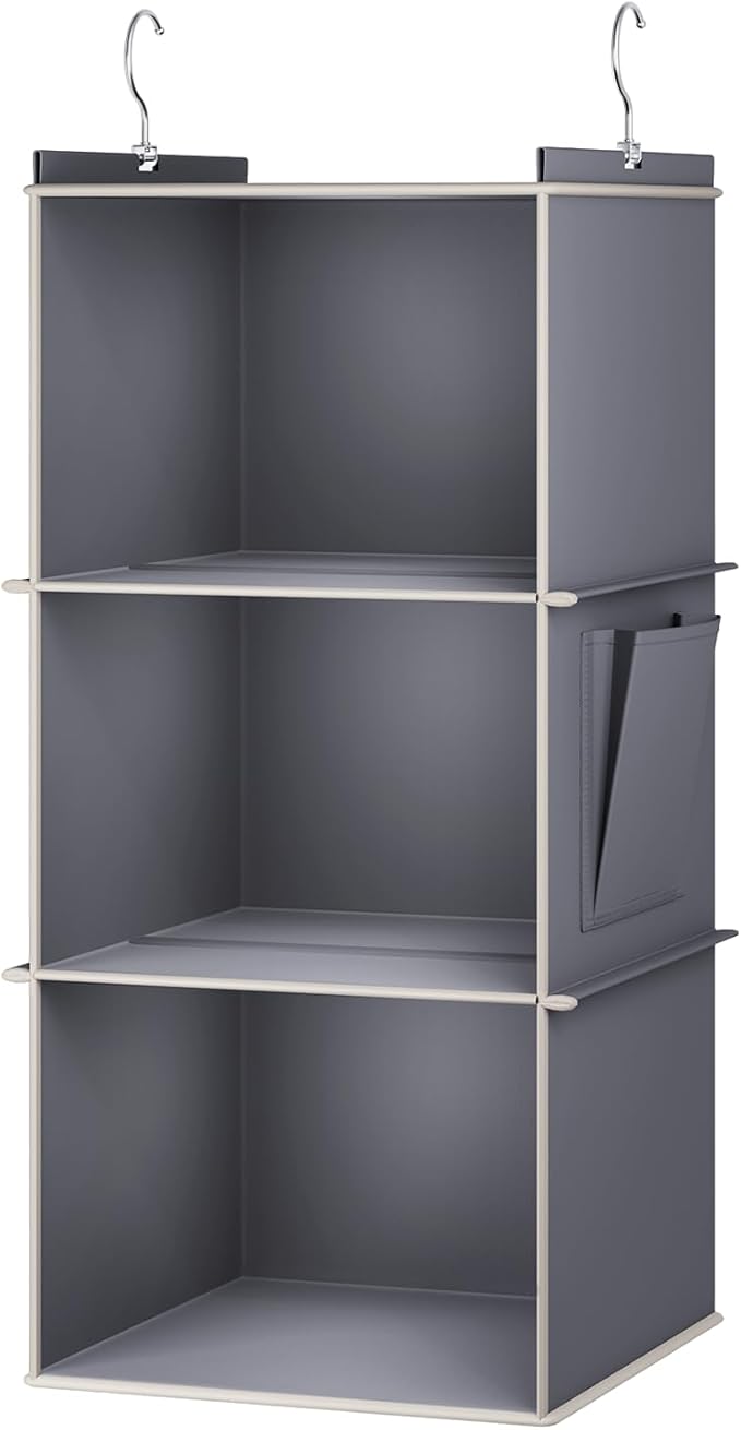 Hanging Closet Organizer, 3-Shelf Closet Hanging Storage Shelves, Grey