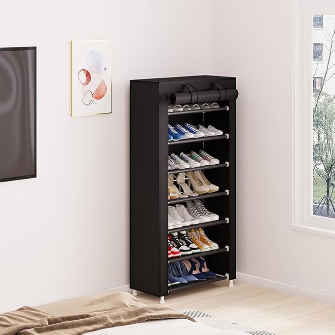 Calmootey 7 Tier Shoe Rack Organizer,Portable Shoe Shelf with Nonwoven Fabric Cover for Closet Hallway,Bedroom,Entryway,Black