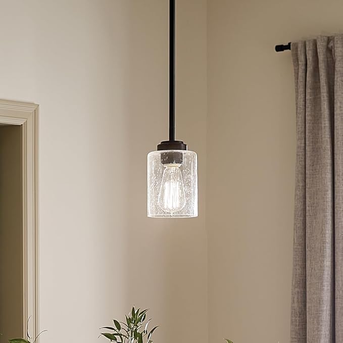 Kichler Winslow 7.5" 1-Light Mini Pendant Light with Clear Seeded Glass in Black for Kitchen, Bar, Laundry Sink, Bar Island (7.5" x 4.25"), 44032BK
