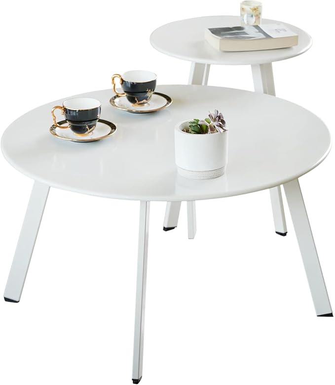Outdoor Patio Coffee Table Set of 2, Weather Resistant End Table, Round Nesting Tables for Living Room Balcony Office, White
