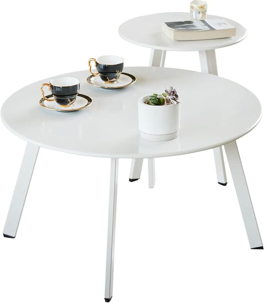 Outdoor Patio Coffee Table Set of 2, Weather Resistant End Table, Round Nesting Tables for Living Room Balcony Office, White
