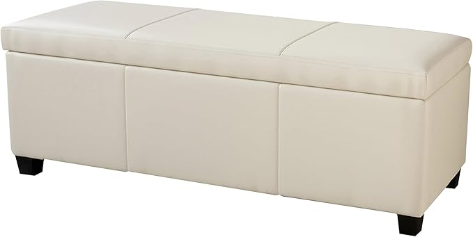 BELLEZE Storage Faux Leather Ottoman, 47 Inch Bench Bedroom Bench with Safety Close Hinge, Extra Long Ottoman with Storage for Living Room, Entryway, Foot Rest, Support 300lbs - Cream