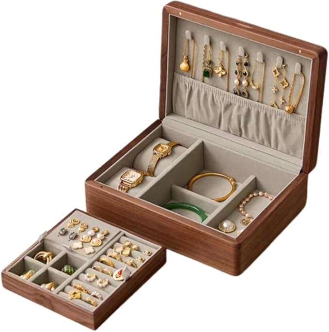 Bescott 2 Layer Solid Black Walnut Wooden Jewelry Box for Women Wood Vintage Organizer for Men Earrings Rings Necklaces Bracelet Watch Storage Mother's Day Gift