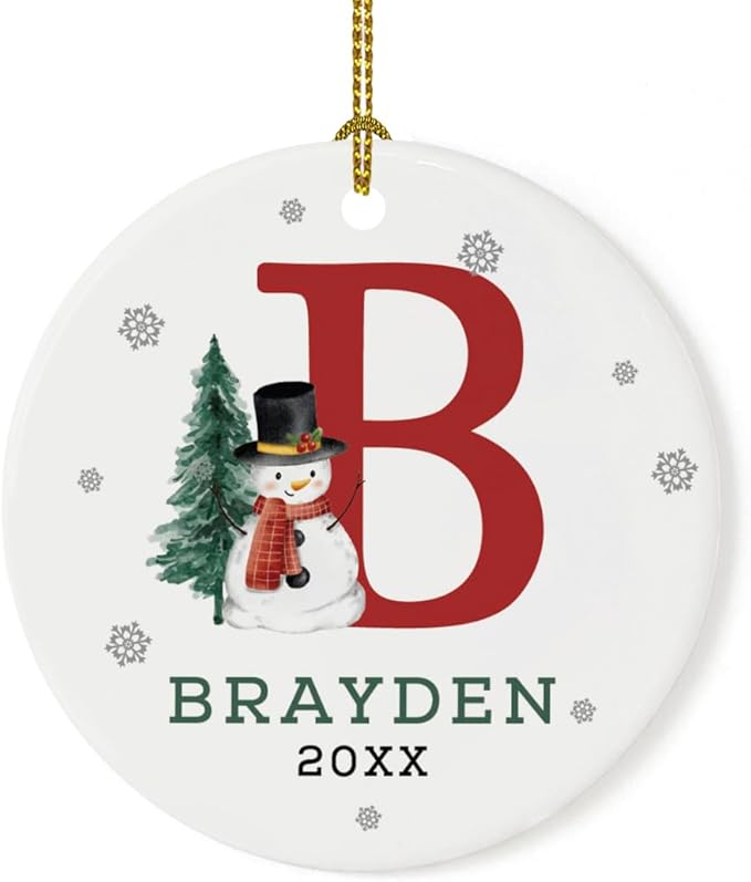 Andaz Press Personalized Christmas Ornament, Custom Name, Initial B Monogram Snowman 2.8" Ceramic Porcelain 2025 Christmas Ornament Keepsake for Kids, Boys, Girls, 1-Pack Initial Ornaments