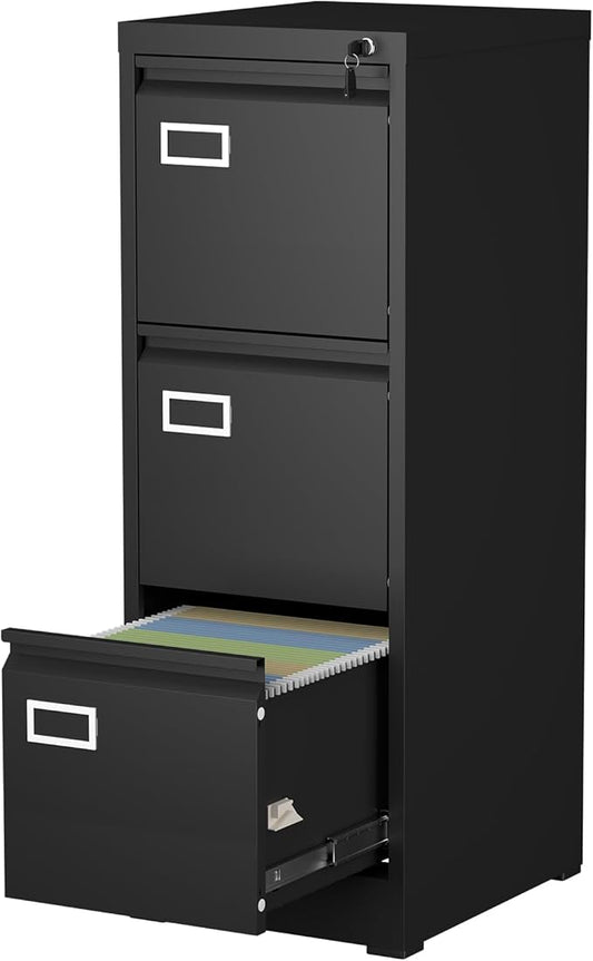 File Cabinet,3 Drawer Filing Cabinet with Lock,Metal Filing Cabinets for Home Office,School,Vertical File Cabinets for Letter/Legal/A4/F4 Size,Assembly Require,Black
