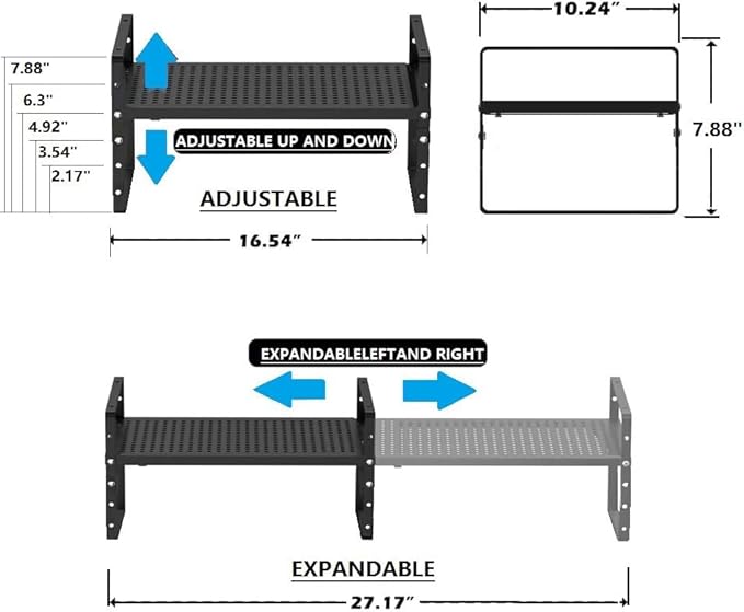 Expandable Spice Rack, Stackable Metal Pantry Storage Shelves Stand, Adjustable Height Cabinet Shelf Organizer Racks(2PACKS/Black,Large)