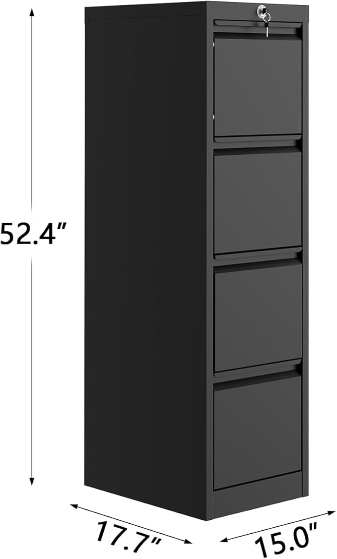 4-Drawer File Cabinet with Lock - Heavy Duty Metal Filing Cabinet for Letter/Legal/A4/F4 Documents - Vertical Storage for Home Office | Requires Assembly, Black