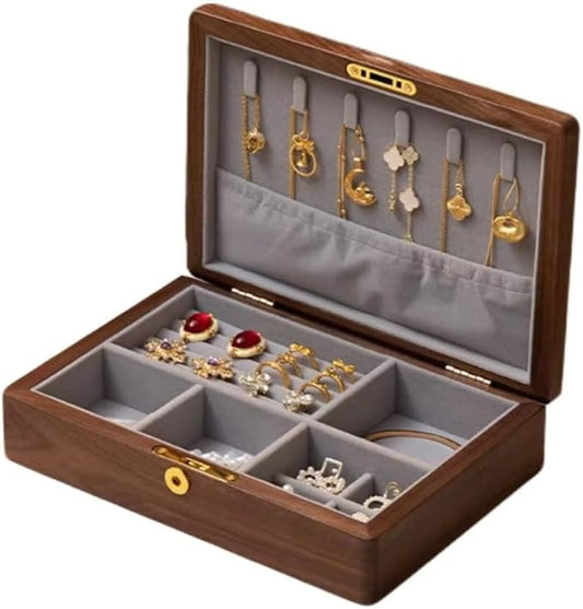 Bescott 2 Layers Solid Black Walnut Wooden Jewelry Box for Women with Lock and Key Wood Vintage Organizer for Men Earrings Rings Necklaces Bracelet Storage Mother's Day Gift