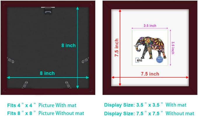RPJC 8x8 Soild Wood Picture Frame with High Definition Glass Display Pictures 4x4 with Mat or 8x8 Without Mat for Wall Mounting Hanging Photo Frames Dark Brown