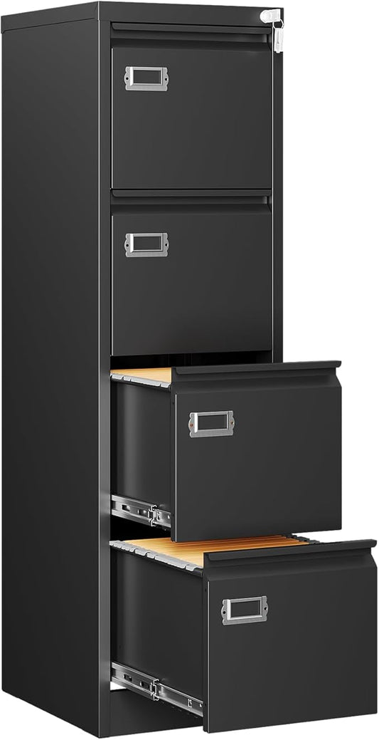 4 Drawer File Cabinet with Lock,Vertical Filing Cabinet for Home Office,Metal File Cabinets with Lock,Storage Files for A4/ Legal/Letter, Require Assembly, (Black)