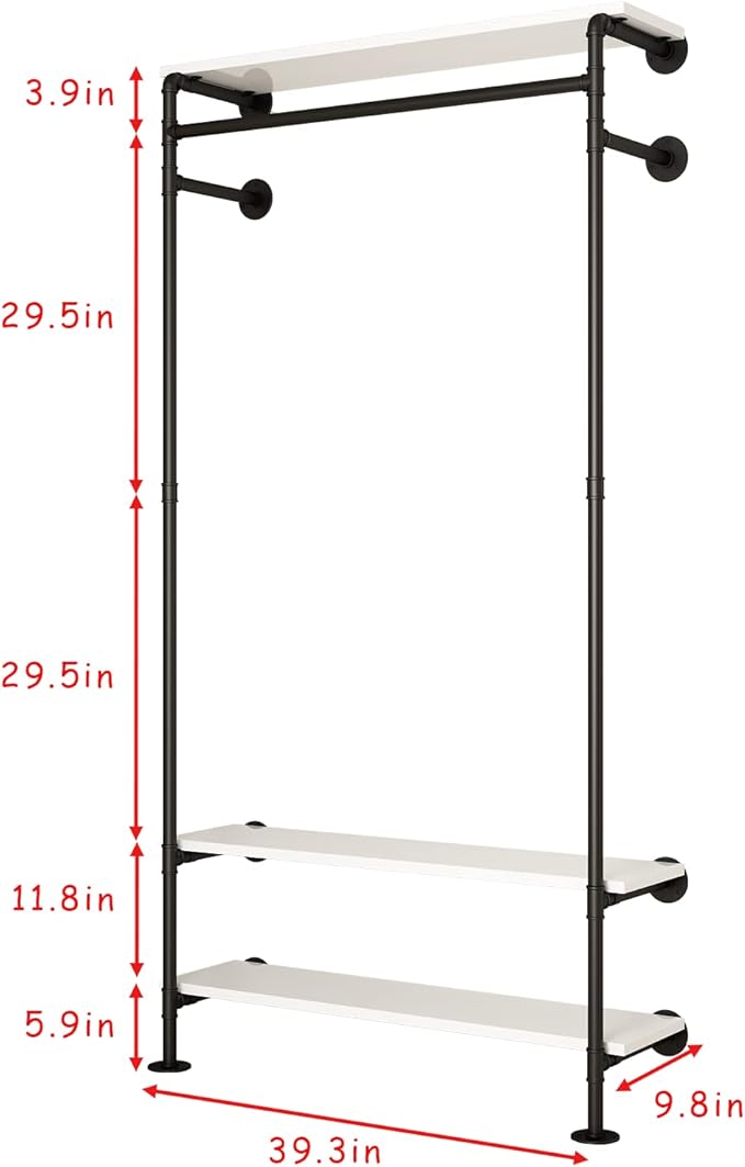Industrial Pipe Clothing Racks with Shelves, Wall Mounted Clothes Rack for Hanging Rods, Heavy Duty Black Clothing Racks With Three Shelves Retail Display Garment Rack for Home