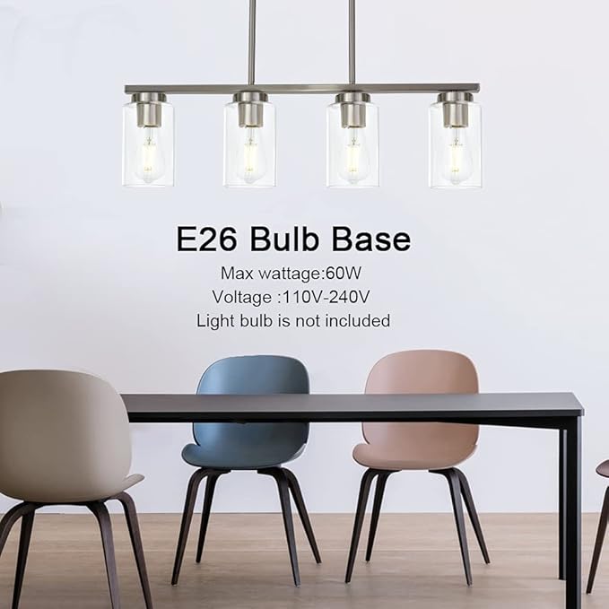Modern Kitchen Island Light with Clear Glass Shades, 4-Lights Hanging Lighting Fixtures in Brushed Nickel for Dining Room