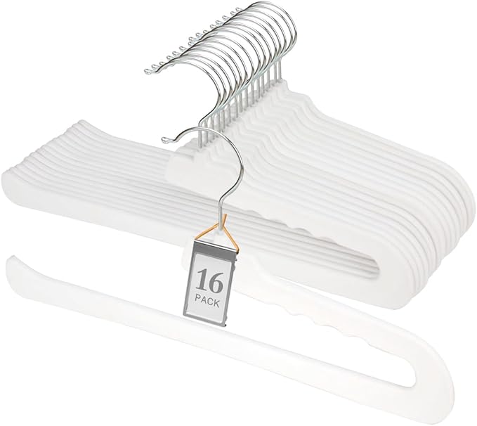 Velvet Pants Hangers,16 Pack Non Slip Felt Slack/Trouser Hanger,Slim & Sleek Heavy Duty Space Saving Closet with 360° Swivel Hook,Tank Top Hangers for Shorts,Jeans,Suit Pants,Towel(White)