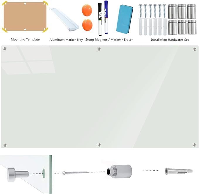 Glass Whiteboard 6' x 4', Magnetic Glass Dry Erase Board Frameless Wall Mounting, Large White Board for Office Home & School