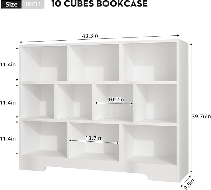 Kids Book Shelf Set of 2, 10 Cubes Storage Organizer Montessori Bookshelf, 3-Tier Wooden Kids Bookcase, Toy Storage Organizer for Children, White Toddler Bookshelf Cube Shelf for Kid’s Room