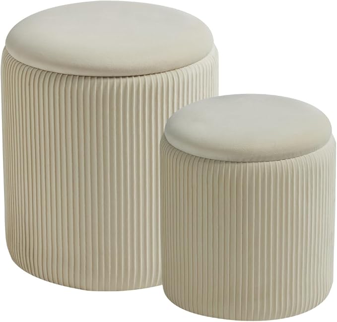 Round Set of 2 Ottoman with Storage-Upholstered Velvet Vanity Stool for MakeupMultifunctional Ottomans Coffee Table Padded Seat Foot Rest for Living Room&Bedroom(White)