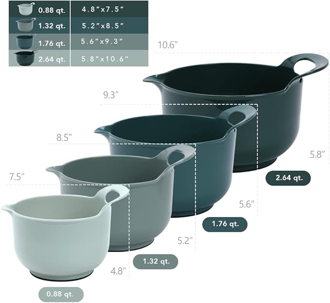 BoxedHome 4 Pack Nesting Mixing Bowl with Pour Spout and Handle, BPA free Microwave & Dishwasher Safe(Green, 4 Pack with Handle)