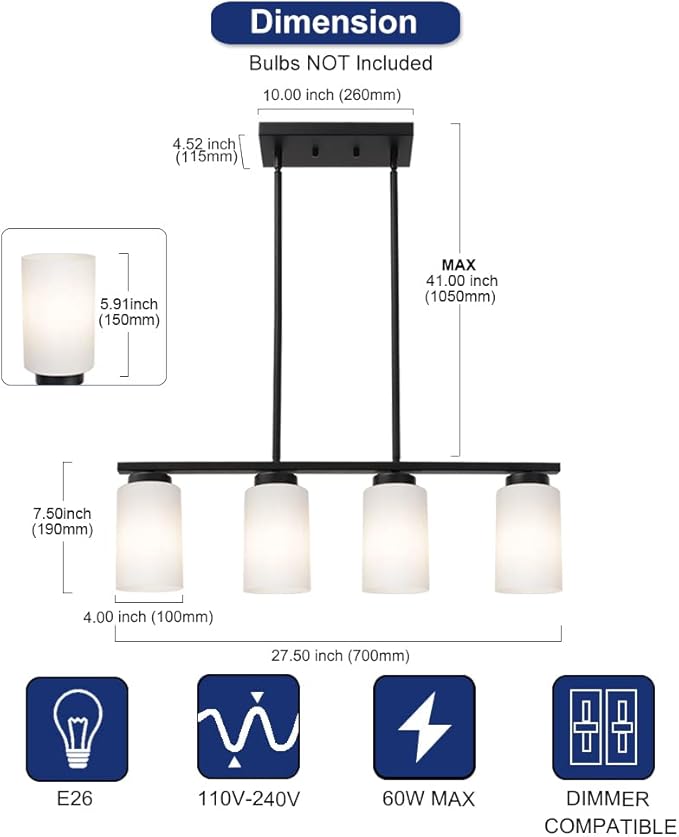 Farmhouse Dining Room Pendant Light Fixtures in Black Finish, 4-Lights Island Lighting with Opal White Glass Shades for Kitchen