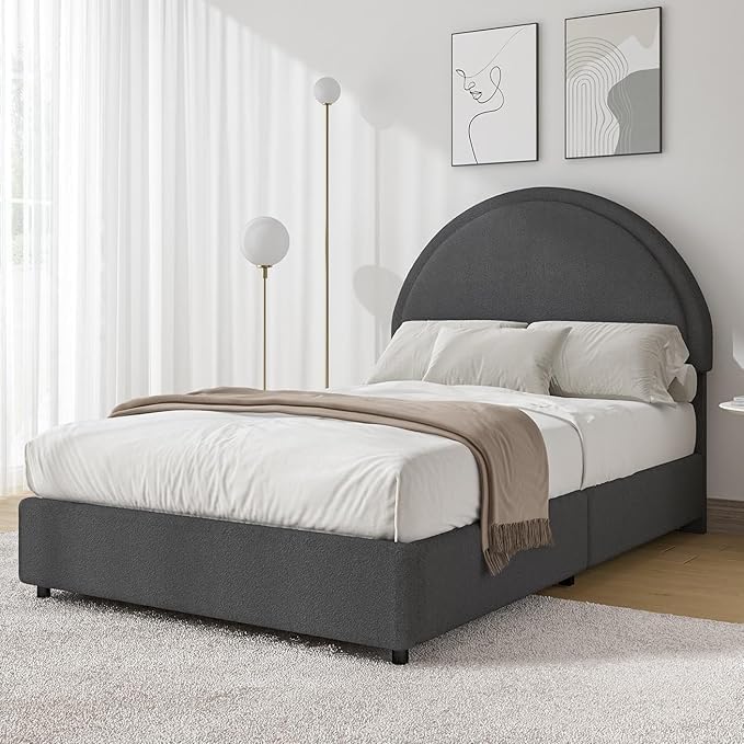 Twin Size Bed Frame, Boucle Upholstered Platform Bed with Headboard, Cloud Bed Frame with Soft Rounded Corners, No Box Spring Required, Easy Assembly, Dark Grey