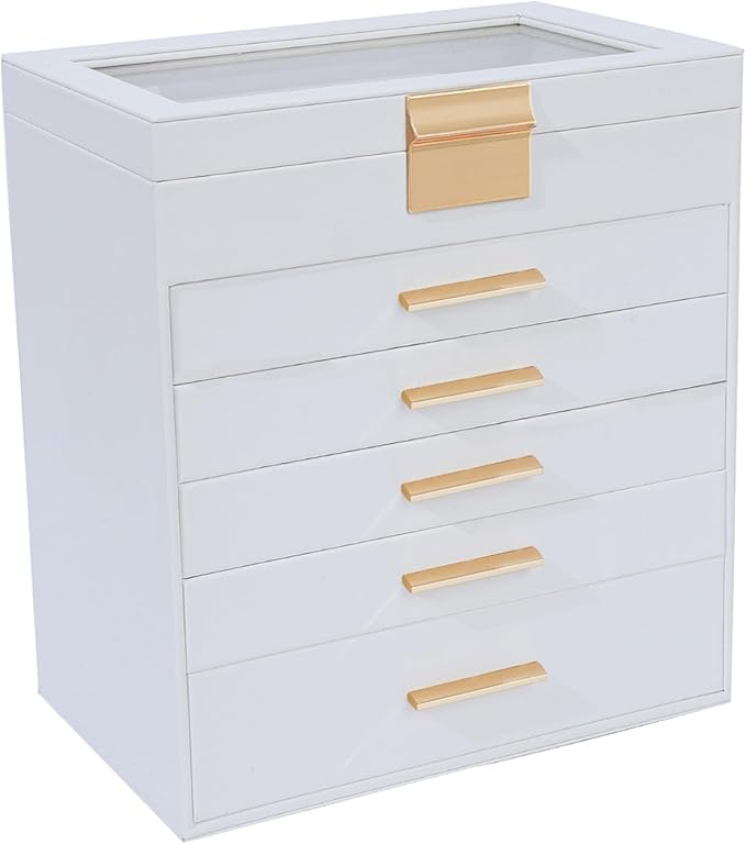 BOOVO Jewelry Box for Women, Black 6 Layer Large Jewelry Organizer with Glass Lid for Necklace, Bracelet, Earrings, Rings Storage, Jewelry Organizers and Storage for Womens Gift (Clear White, 6 layer)