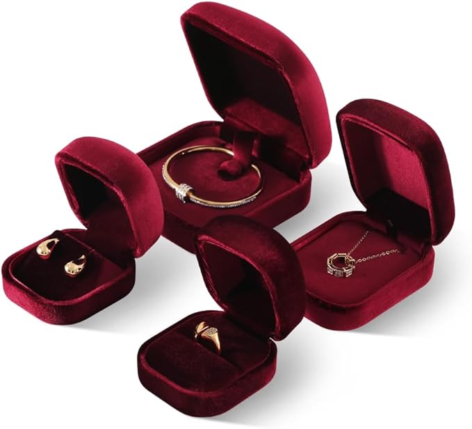 Resilient Velvet Ring Earrings Bracelet Necklace Display Box, Travel Mini Jewelry Organizer Case (Red, Earrings Box)