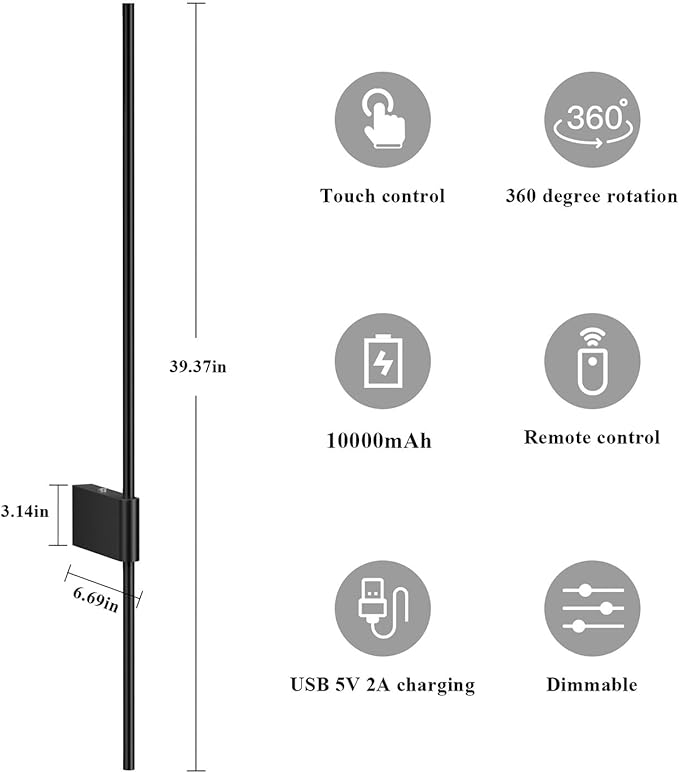 2 Pack Battery Powered Wall Sconces 10000mAh Rechargeable Dimmable LED Wall Lights for Living Room, Hallway, Bedroom, 40in Living Room Dresser, 39.37 in
