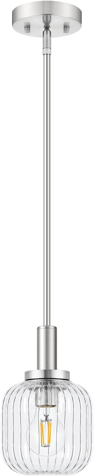Brushed Nickel Pendant Lights Kitchen Island, 1-Light 5.9" Modern Glass Pendant Light with Clear Glass and Rods, Mini Hanging Lighting for Kitchen Sink Bathroom Bedroom, OS-YQ7749-1PBN
