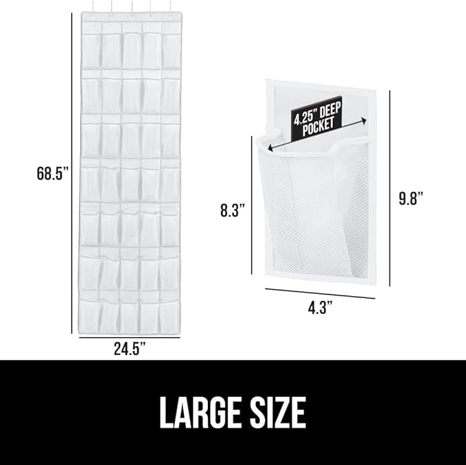 GORILLA GRIP Over the Door Shoe Organizer, 35 Large Breathable Mesh Pockets, Space Saving Hanging Storage Holder, 5 Hook Closet Rack Hanger, Hangs on Closets for Shoes, Accessories 68.5H x 24.5W White