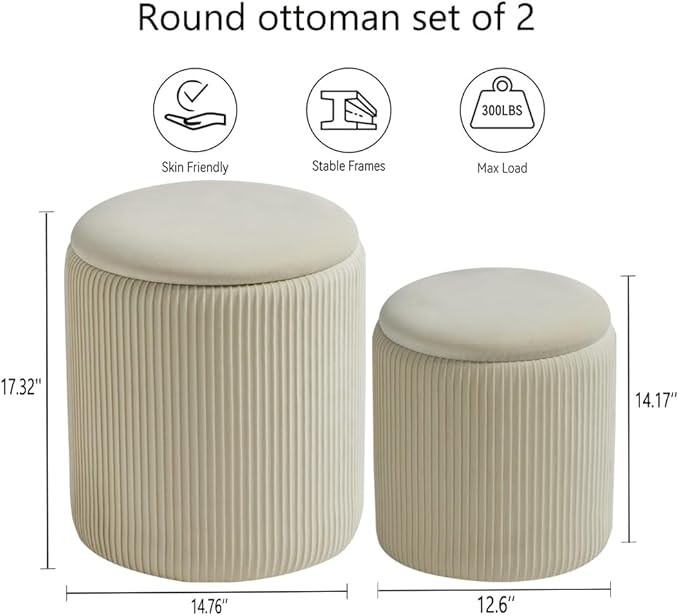 Round Ottoman with Storage Set of 2-Upholstered Velvet Vanity Stool for MakeupMultifunctional Ottomans Coffee Table Padded Seat Foot Rest for Living Room&Bedroom(White-Upgrade Tray Lid)