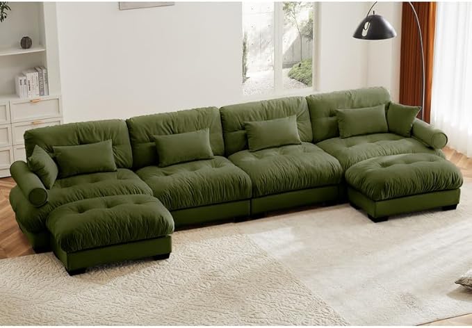 Ball & Cast 166" U Shaped Couch Sectional Couch,4 Seater Modular Couchs with Round Bolster Armrest,6 Pillows,Waist Pillows,Modern Corner Sofa w/ 2 Removable Ottomans,for Living Room,Olive Green
