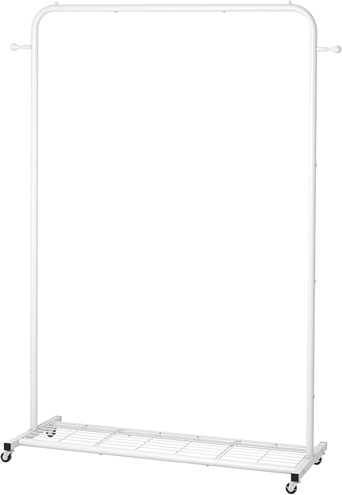 Sywhitta Clothing Rack on Wheels with Mesh Storage Shelf & Sturdy Metal Frame, Rolling Garment Rack for Hanging Clothes, Coats, Skirts, 39.76" L x 16" W x 64.56" H,White