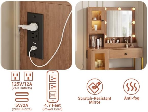 Vanity Desk with Mirror and Lights, Makeup Dressing Table w/Adjustable Bulbs, Outlets & USB Ports, Sturdy MDF Top & Metal Leg, Smart Storage Drawers & Cabinets for Bedroom