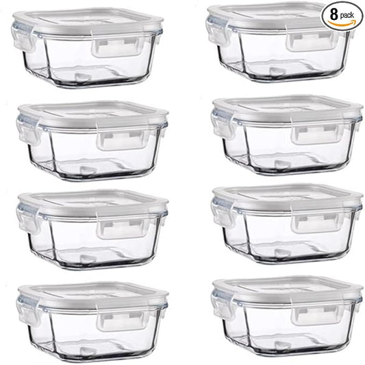 16PC Square Glass Storage Containers With Lids, 2 Cup Glass Food Containers With Lids, Square Meal Prep Bowls, Small Bowls For leftovers, Dishwasher, Freezer Safe (8 lids & 8 Containers)