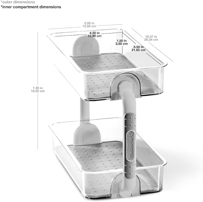 madesmart Two Level Spice Organizer-Cabinet Collection Maximizes Vertical Space, Removable Soft-Grip Lining, Dual Handles &BPA-Free, Small, Grey