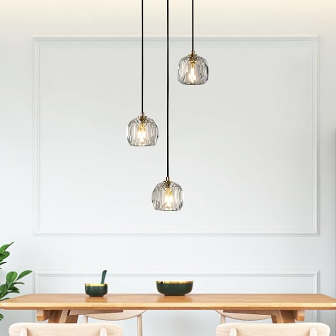 3 Light Pendant Light Fixtures, Crystal Pendant Lights Kitchen Island, Modern Hanging Lights Brushed Brass Cluster Pendant Lighting for Dining Room Bathroom