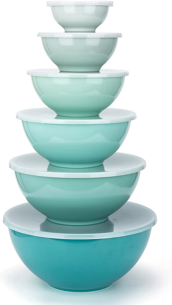KX-WARE Melamine Mixing Bowls with Lids - 6 Piece Melamine Bowls and 6 Piece Plastic Lids, Teal