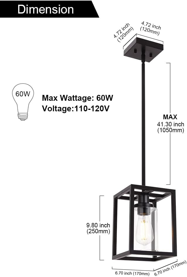 VINLUZ 1 Light Single Pendant Lighting Fixture in Matte Black Finish,Classic Farmhouse Chandelier with Clear Glass Shade Hanging Ceiling Light