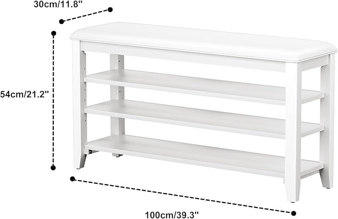 Shoe Rack Bench Entryway Storage with Leather Cushion, Shoe Organizer Bench for Entryway, Ideal for Front Doors Entrances Hallway Mudroom Featuring Rubberwood And 3 Height-Adjustable Removable Shelve