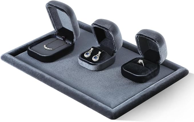 Resilient Velvet Ring Earrings Bracelet Necklace Display Box, Travel Mini Jewelry Organizer Case (Gray, Necklace Box)