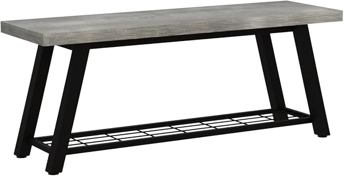 Grey Storage Bench Industrial Rustic Wooden and Metal Entryway Shoe Boots Storage Rack Long Bench Seat for Hallway Bedroom Rustic Farmhouse Style