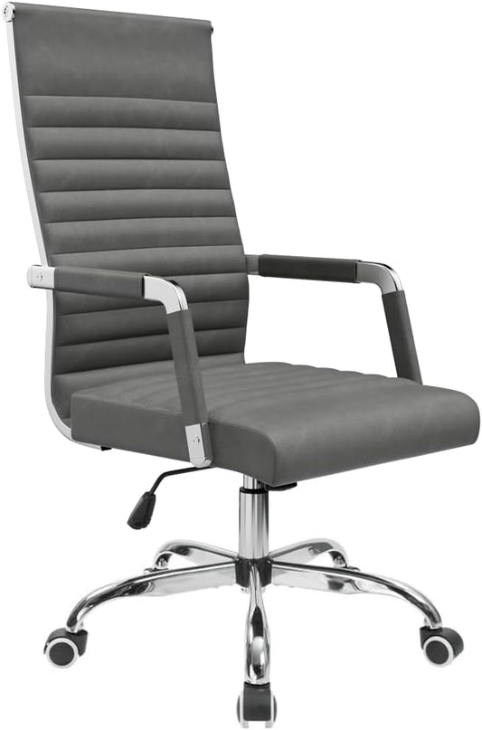 Furmax Ribbed Office Desk Chair Mid-Back PU Leather Executive Conference Task Chair Adjustable Swivel Chair with Arms (Bicolor Vintage Grey)