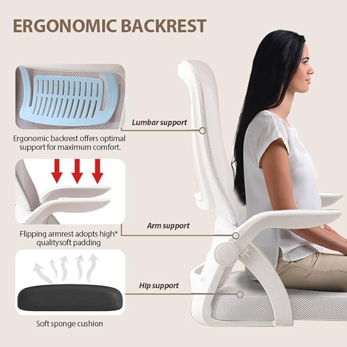 Office Chair, Ergonomic Desk Breathable Mesh Swivel Chair with Flip-Up Arms and Lumbar Support Computer for Home Office