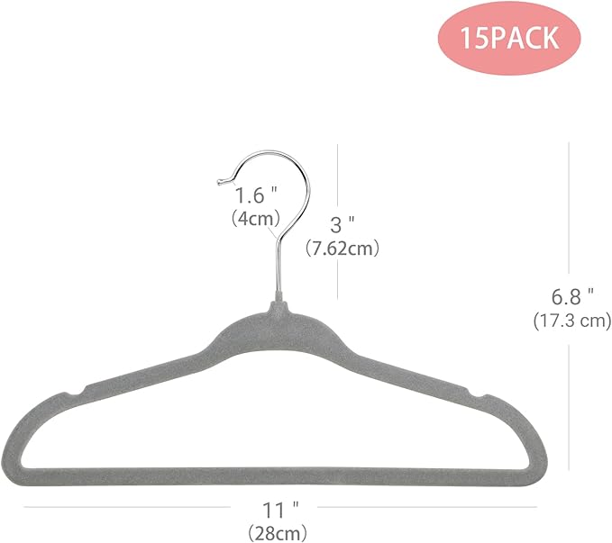 ManGotree Non-Slip Baby Velvet Clothes Hangers, Kids Coat Hangers with Swivel Hook and Notched Shoulders, Hanger for Children, Infant, Toddler Clothes 15 Pack (Grey)