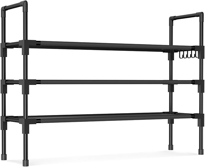 3 Tier Shoe Rack, Shoe Organizer Storage for 16-20 Pair Boot and Sneaker, Stackable Free Standing Shoe Shelf with Hooks and Side Pocket, Space Saving Shoes Rack for Closet, Entryway