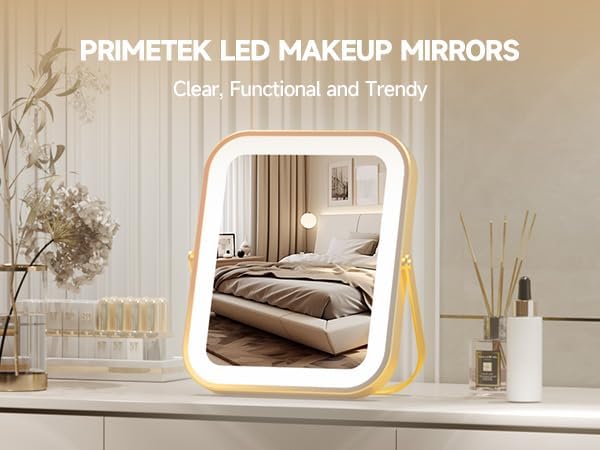 PRIMETEK Vanity Mirror with Lights, 10"x8" LED Lighted Makeup Mirror, Portable Makeup Mirror with Lights, Touch Screen, 3-Color Lighting, 5X Magnification, for Vanity Desk Tabletop, Bedroom,